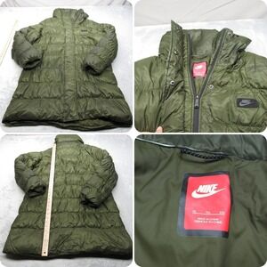 Nike Down Parka Jacket Women XL Green Hooded Insulated Full Zip Long Puffer READ